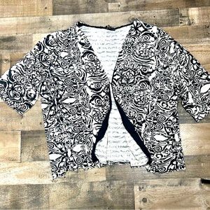 Maggie Barnes 3X 26-28 Ruffled Tiered Open Front Shirt Cardigan Black White